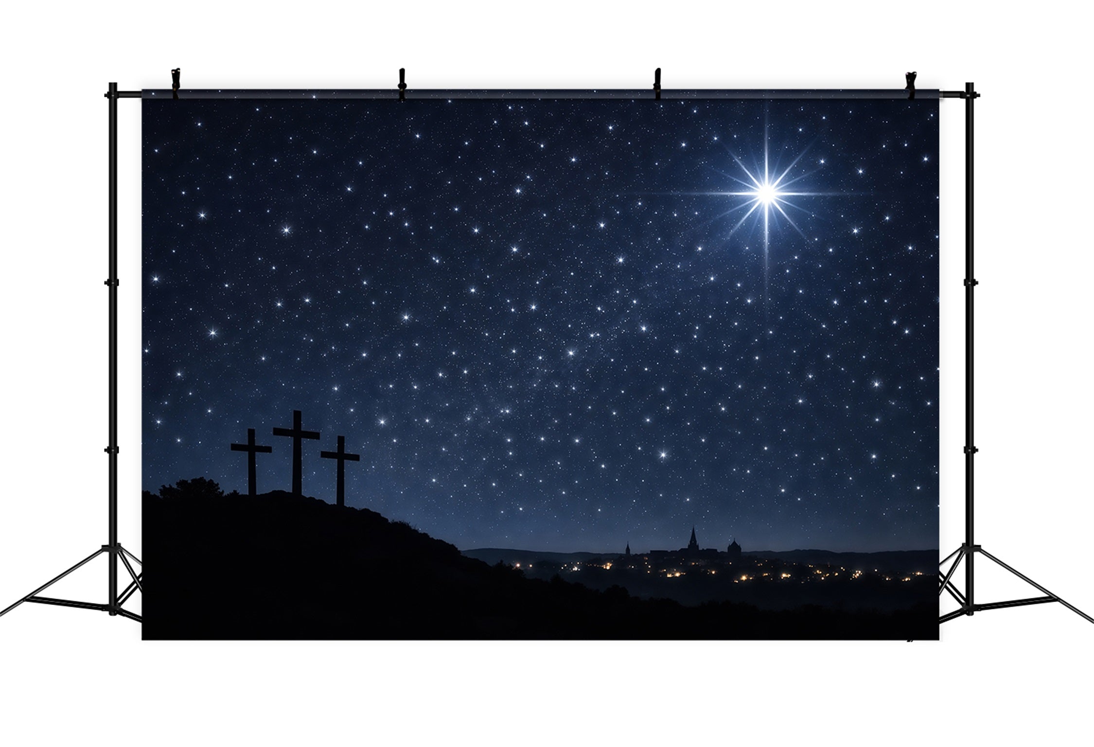 Easter Church Backdrops Starry Calvary Night Silhouette Easter Backdrop For Pictures LXX62-44