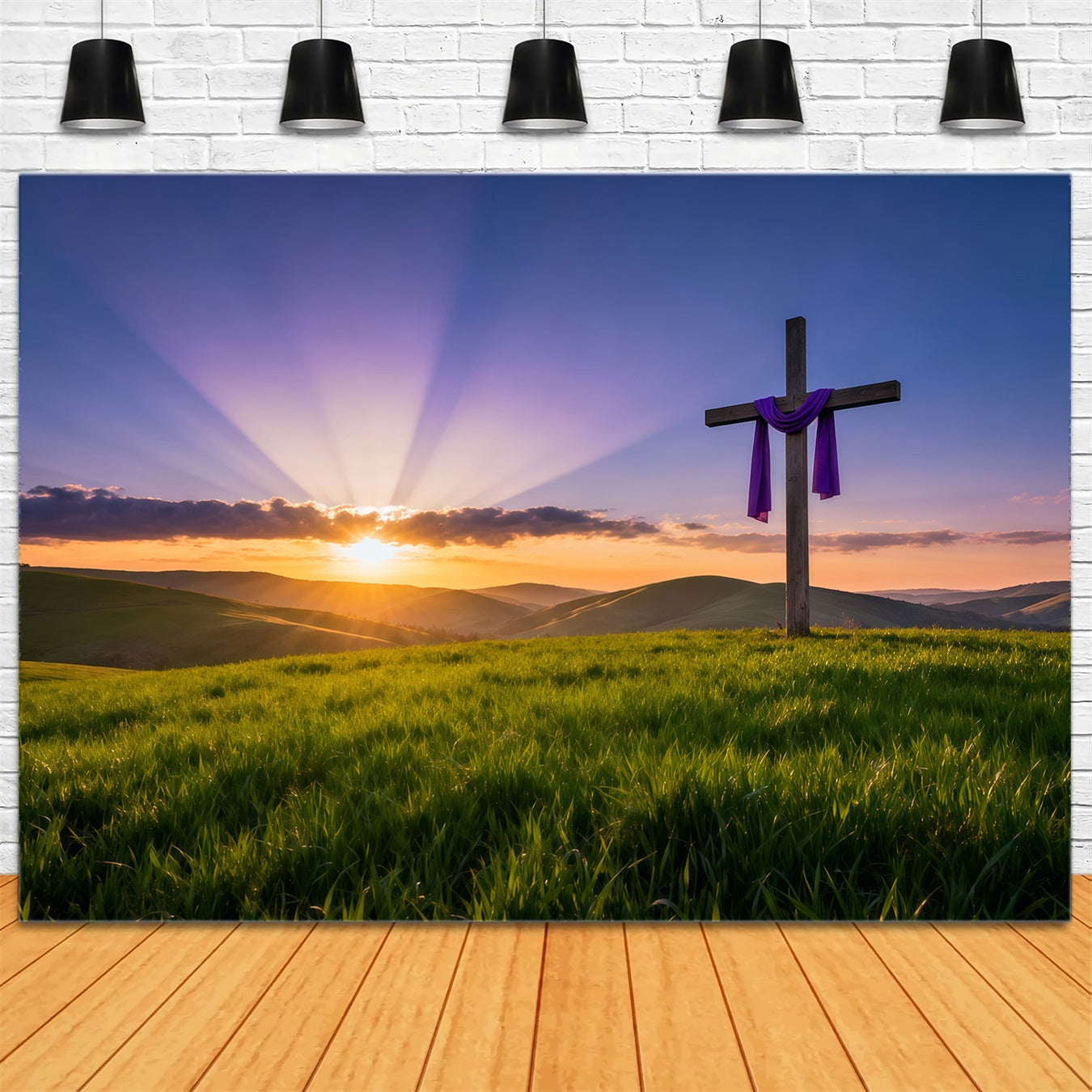 Religious Easter Backdrops Resurrection Sunrise Hill Cross Happy Easter Backdrop LXX62-46