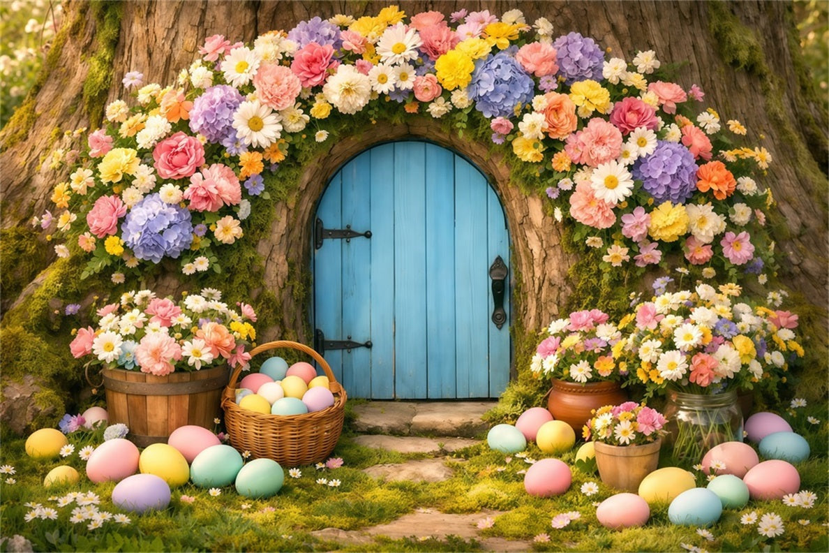 Easter Eggs Backdrop Pastel Floral Tree Doorway Easter Backdrop For Photos LXX62-49