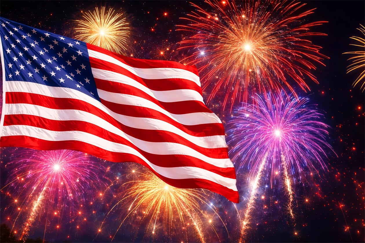 American Flag Photography Backdrop Independence Day Night 4th of July Fireworks Backdrop LXX62-5