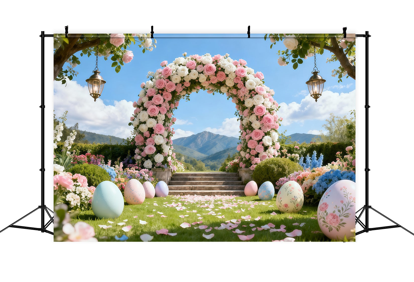 Egg Backdrop Romantic Garden Rose Arch Mountain Landscape Backdrop Easter LXX62-50