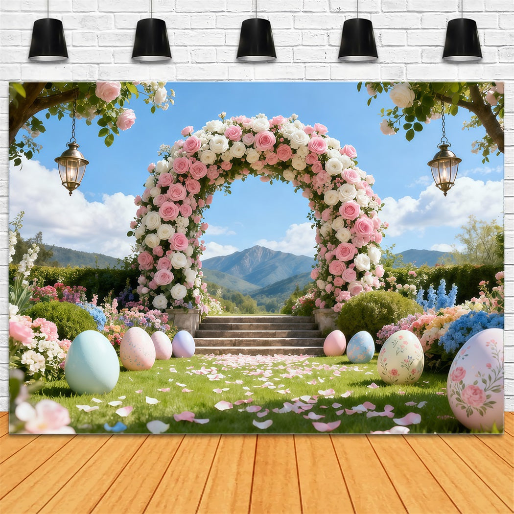 Egg Backdrop Romantic Garden Rose Arch Mountain Landscape Backdrop Easter LXX62-50