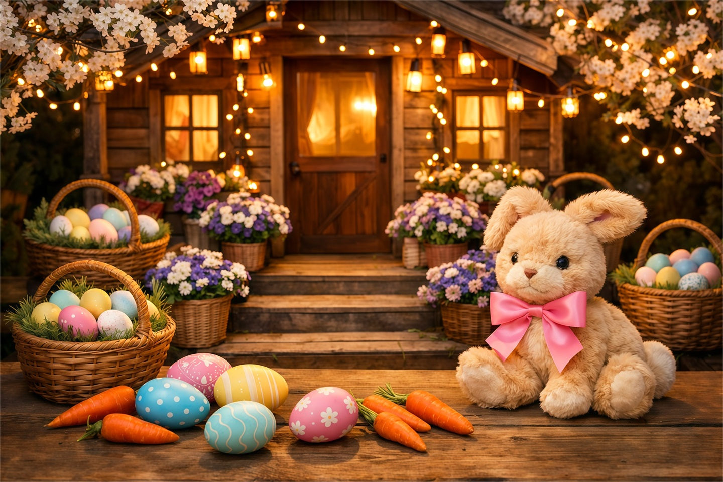 Easter Bunny Backdrop For Photos Cherry Blossom Cabin Easter Basket Backdrop For Easter LXX62-52