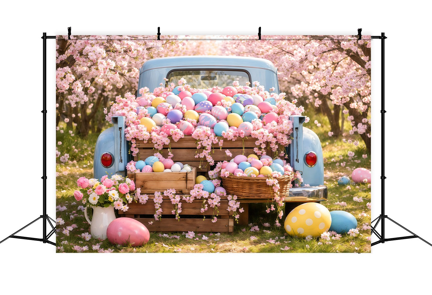Easter Egg Photo Backdrop Vintage Truck Cherry Blossom Backdrops For Easter LXX62-53