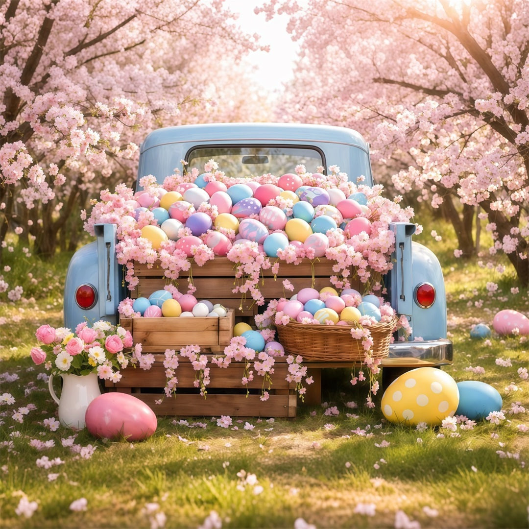 Easter Egg Photo Backdrop Vintage Truck Cherry Blossom Backdrops For Easter LXX62-53