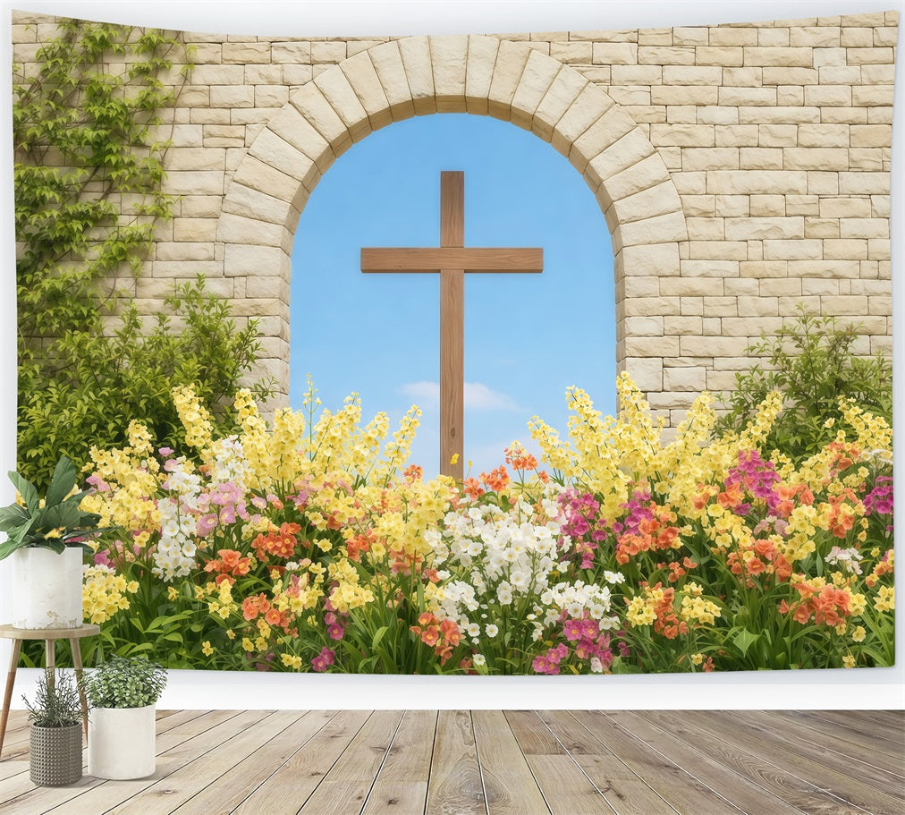Easter Photo Backdrop Ideas For Church Stone Arch Cross Spring Garden Easter Picture Backdrop LXX62-54