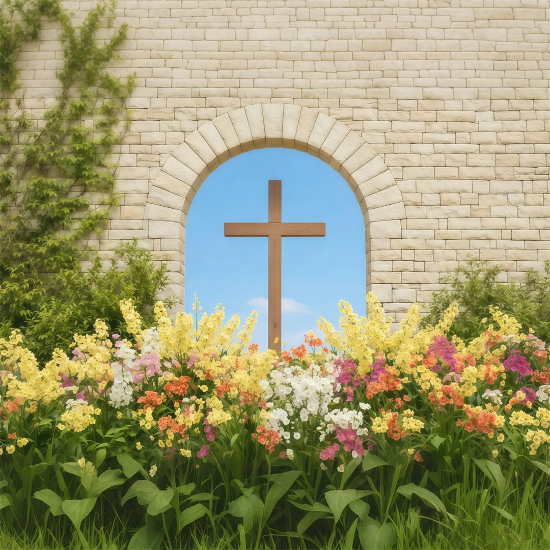 Easter Photo Backdrop Ideas For Church Stone Arch Cross Spring Garden Easter Picture Backdrop LXX62-54