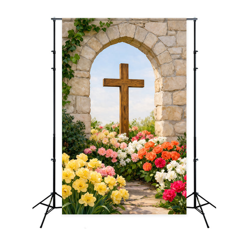 Easter Photo Backdrop Ideas For Church Rustic Arch Cross Floral Path Easter Picture Backdrop LXX62-55