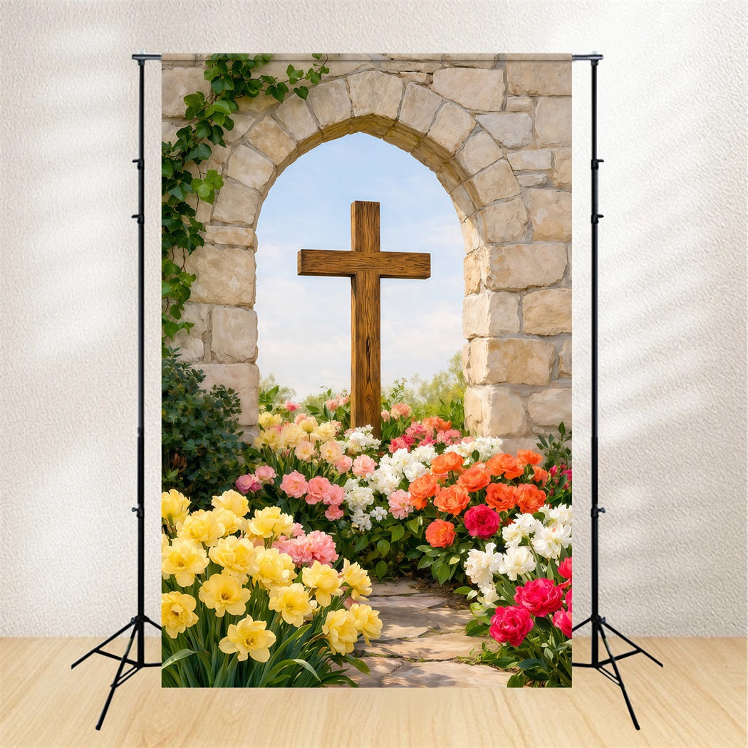 Easter Photo Backdrop Ideas For Church Rustic Arch Cross Floral Path Easter Picture Backdrop LXX62-55