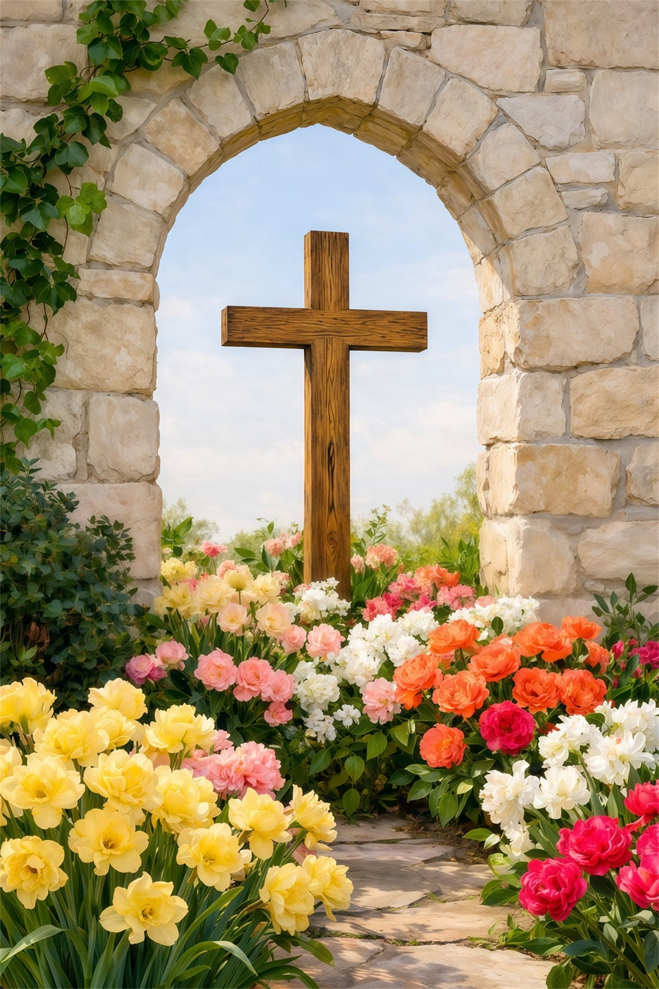 Easter Photo Backdrop Ideas For Church Rustic Arch Cross Floral Path Easter Picture Backdrop LXX62-55