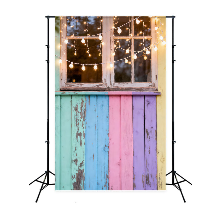 Easter Sunday Photo Backdrop Pastel Wooden Window Fairy Lights Easter Photography Backdrop LXX62-56