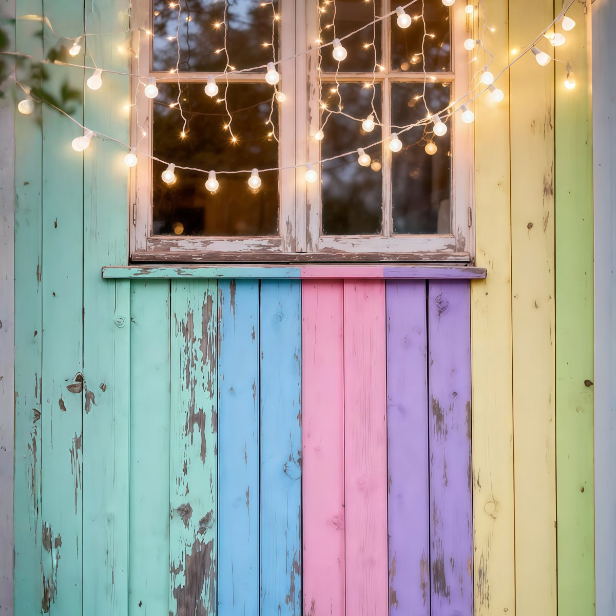 Easter Sunday Photo Backdrop Pastel Wooden Window Fairy Lights Easter Photography Backdrop LXX62-56