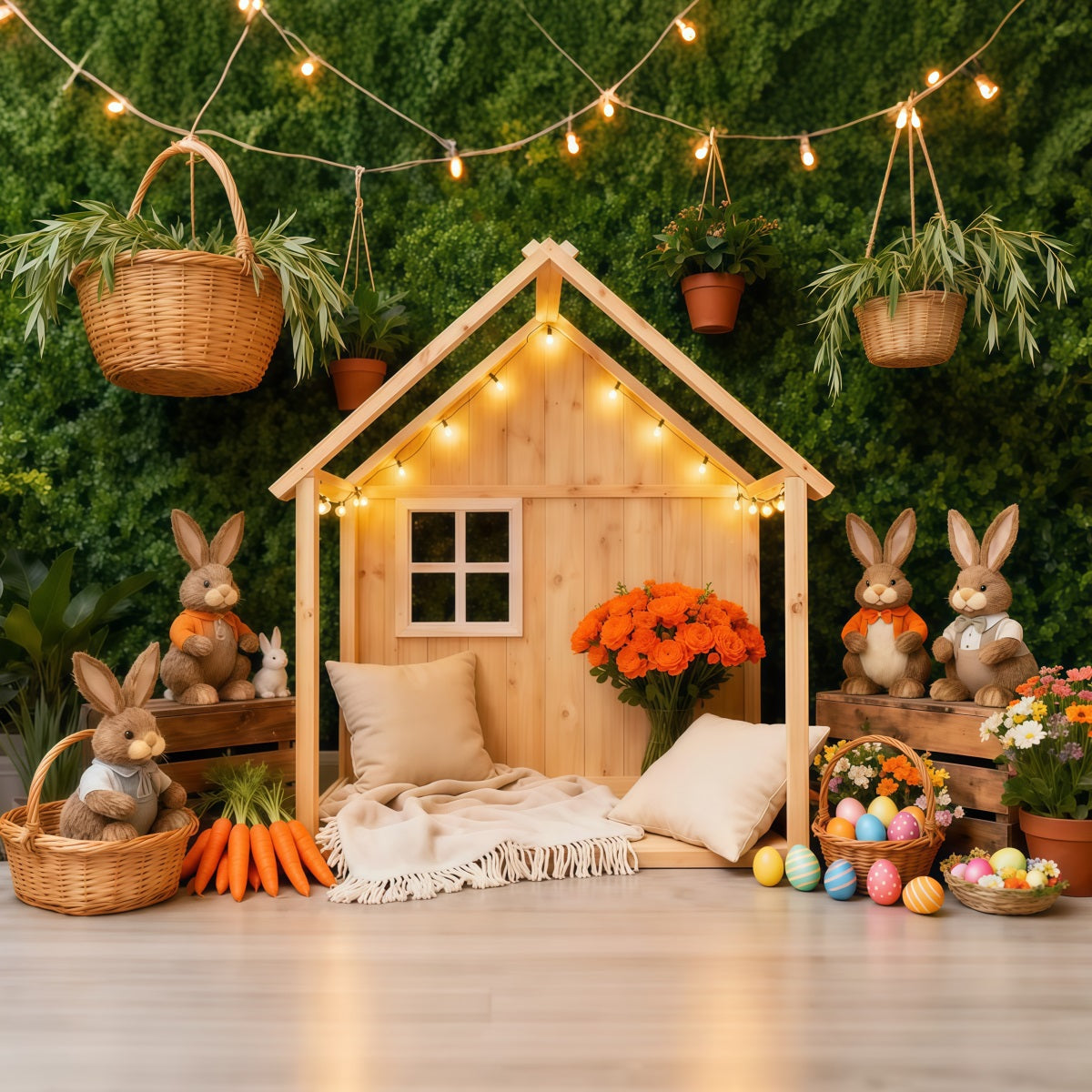 Easter Basket Backdrop Rustic Bunny Cottage Carrot Decor Easter Backdrop For Photography LXX62-60
