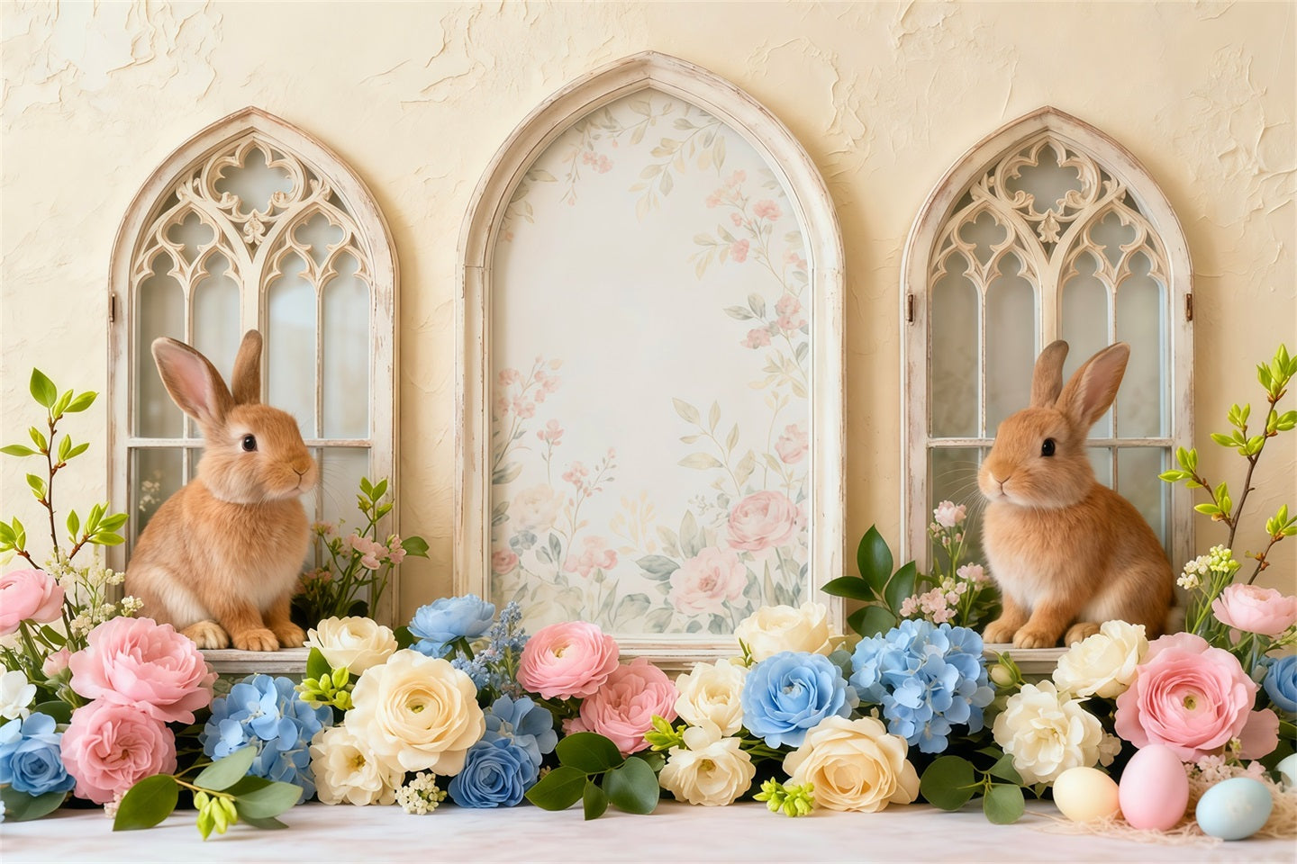 Easter Bunny Picture Backdrop Vintage Floral Arch Windows Backdrops For Easter Pictures LXX62-61