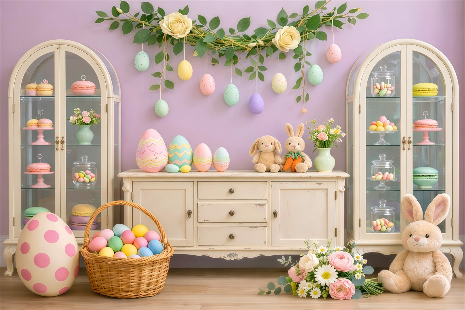 Cute Easter Backdrop Pastel Candy Cabinet Egg Display Backdrop For Easter Pictures LXX62-62
