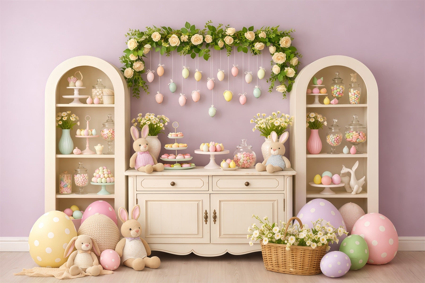 Cute Easter Backdrop Lavender Sweet Macaron Bunny Display Backdrop For Easter Pictures LXX62-63