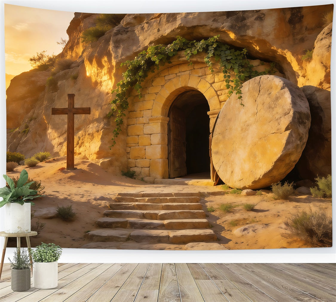 Easter Tomb Backdrop Golden Sunrise Empty Cave Cross Outdoor Easter Backdrop LXX62-64