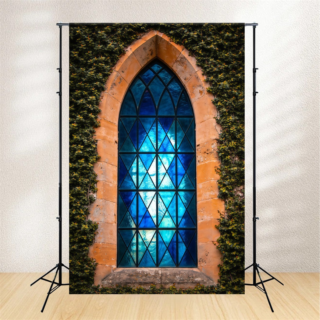 Easter Religious Backdrops Ivy Framed Gothic Blue Window Easter Backdrops For Photos LXX62-66