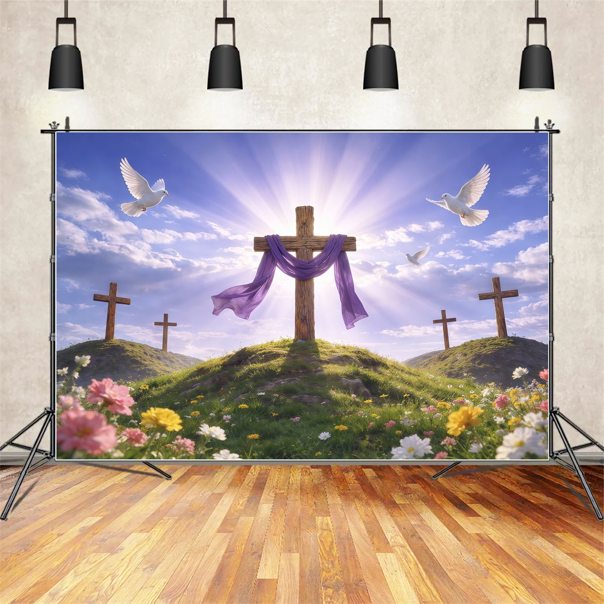 He Has Risen Backdrop Radiant Hilltop Cross Purple Drape Photography Easter Backdrop LXX62-67