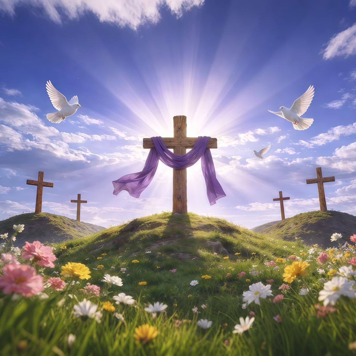 He Has Risen Backdrop Radiant Hilltop Cross Purple Drape Photography Easter Backdrop LXX62-67