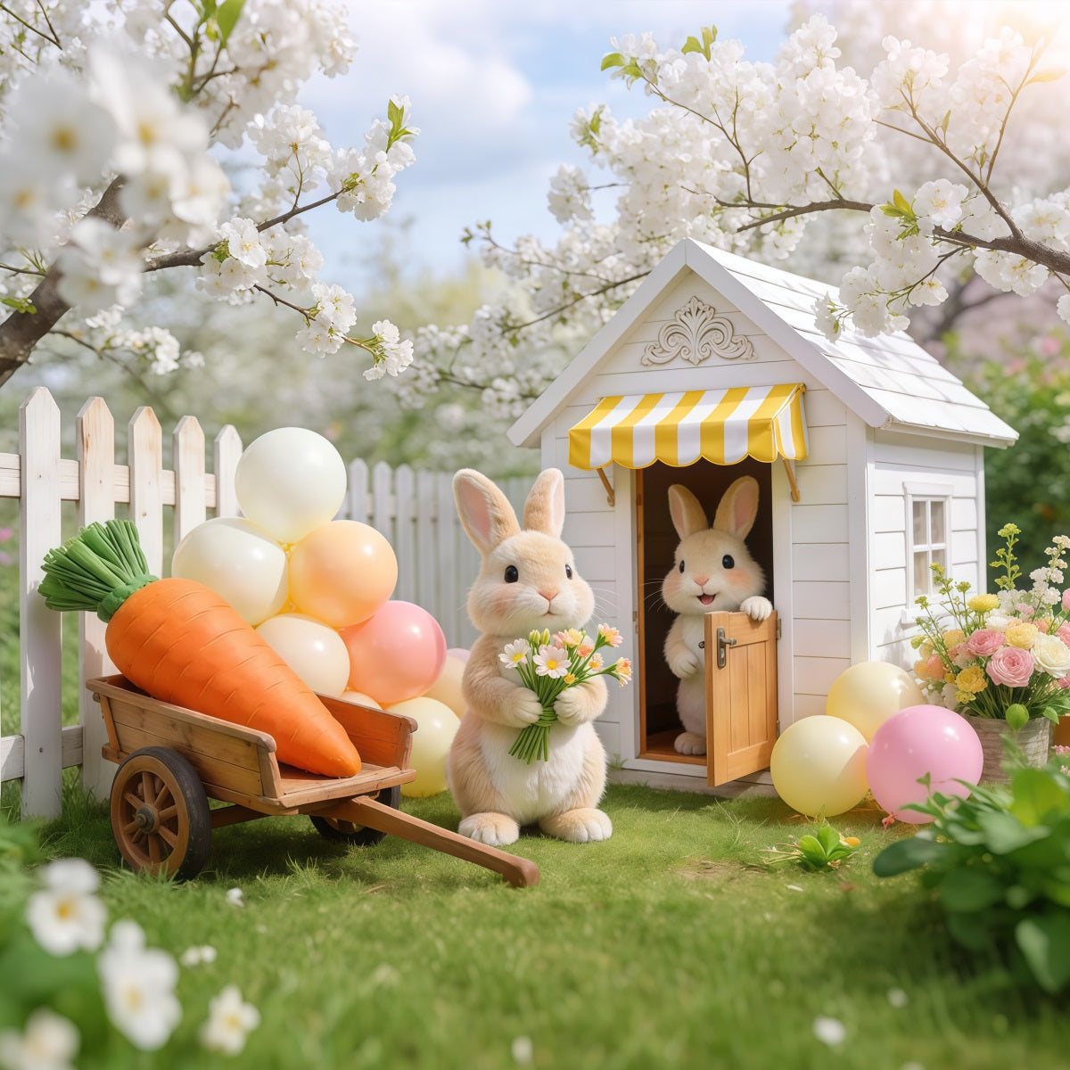 Easter Backdrop With Balloons Cherry Blossom Bunny Garden Cottage Easter Themed Backdrop LXX62-68