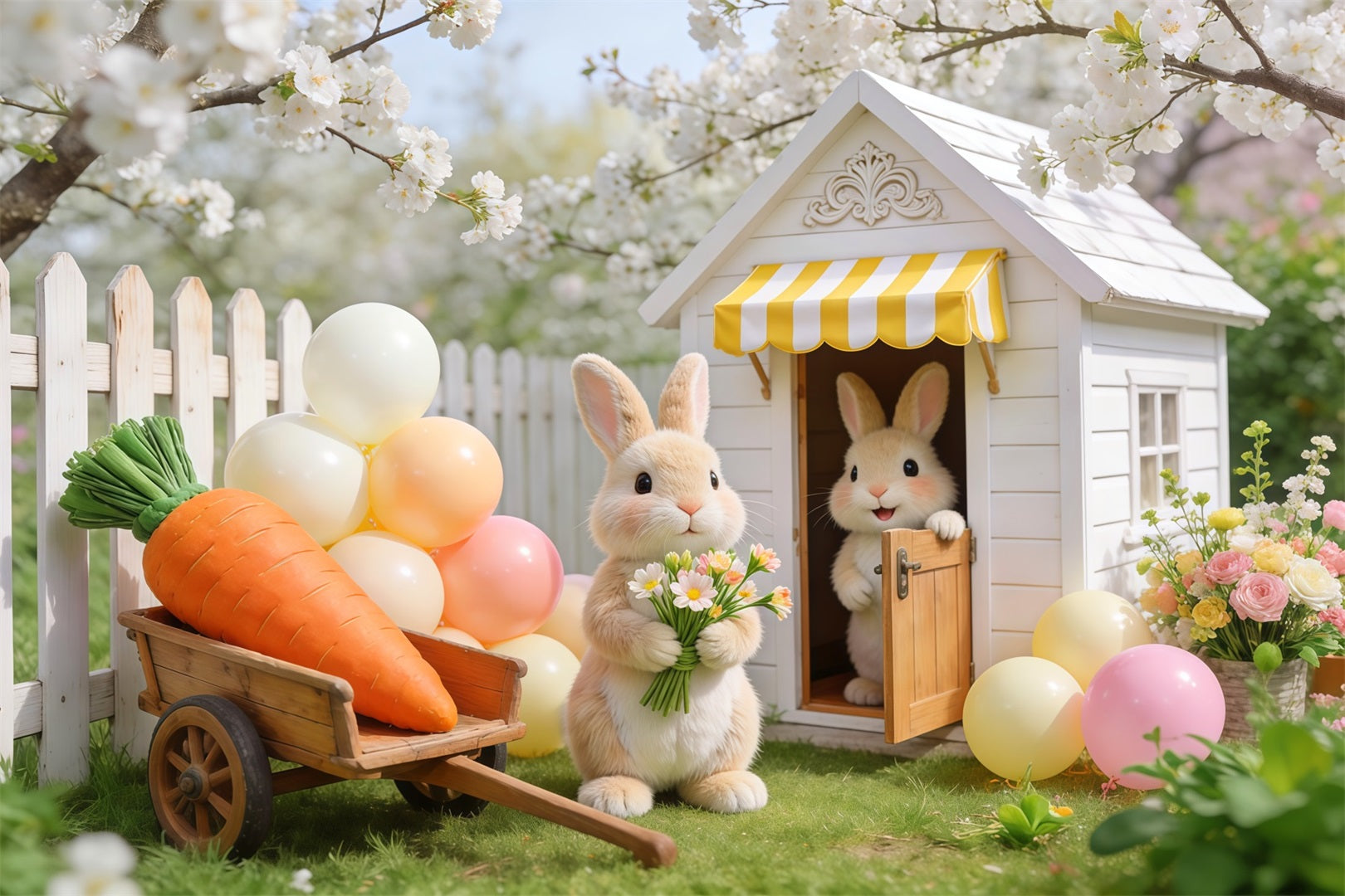Easter Backdrop With Balloons Cherry Blossom Bunny Garden Cottage Easter Themed Backdrop LXX62-68