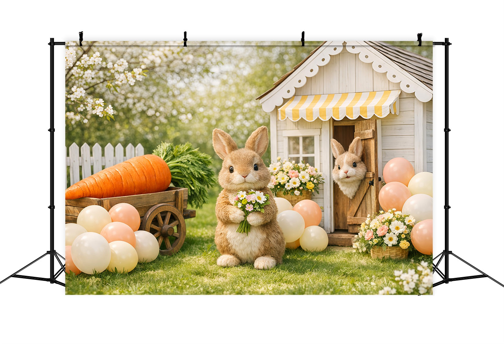 Easter Backdrop With Balloons Spring Bunny Carrot Cart Yard Easter Themed Backdrop LXX62-69