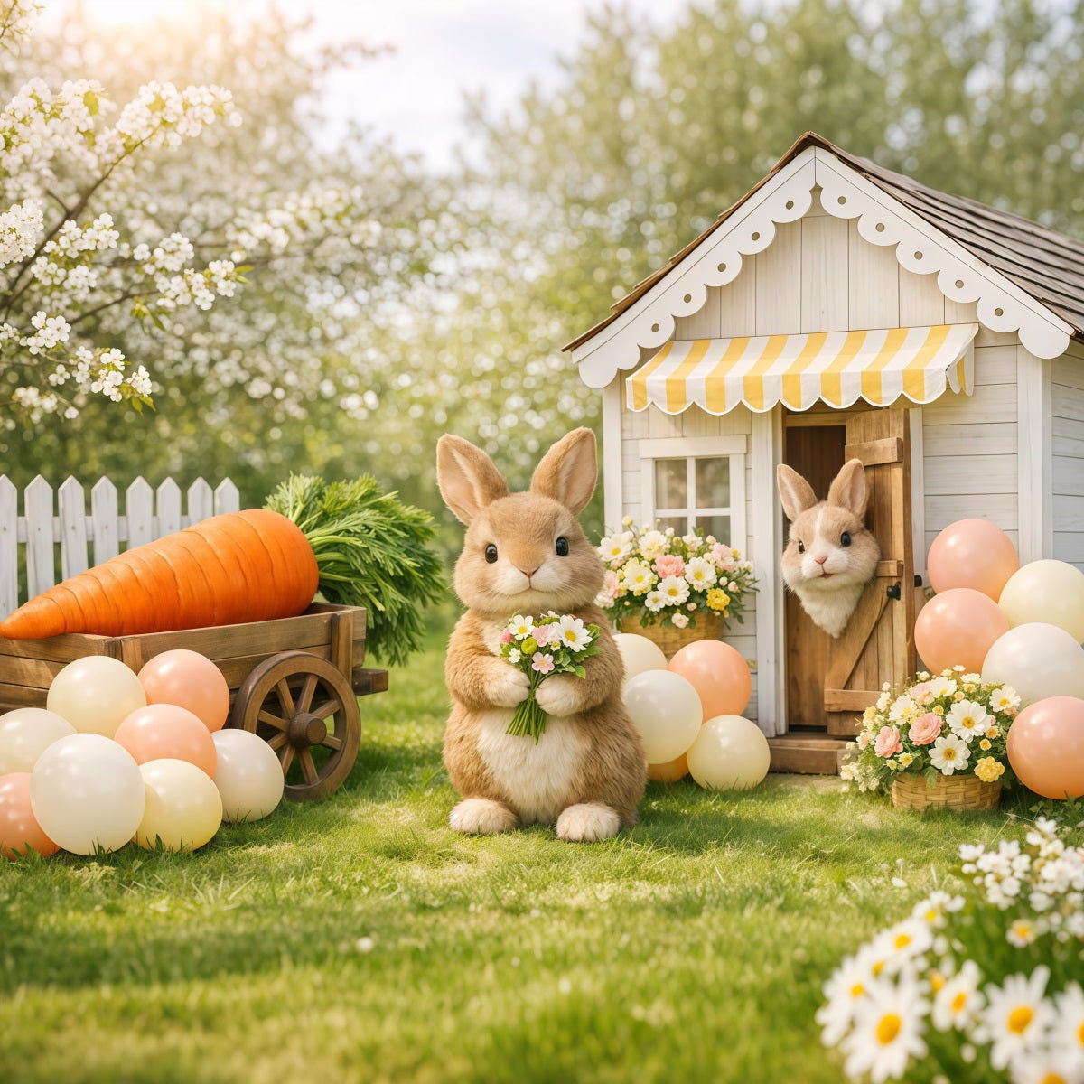 Easter Backdrop With Balloons Spring Bunny Carrot Cart Yard Easter Themed Backdrop LXX62-69