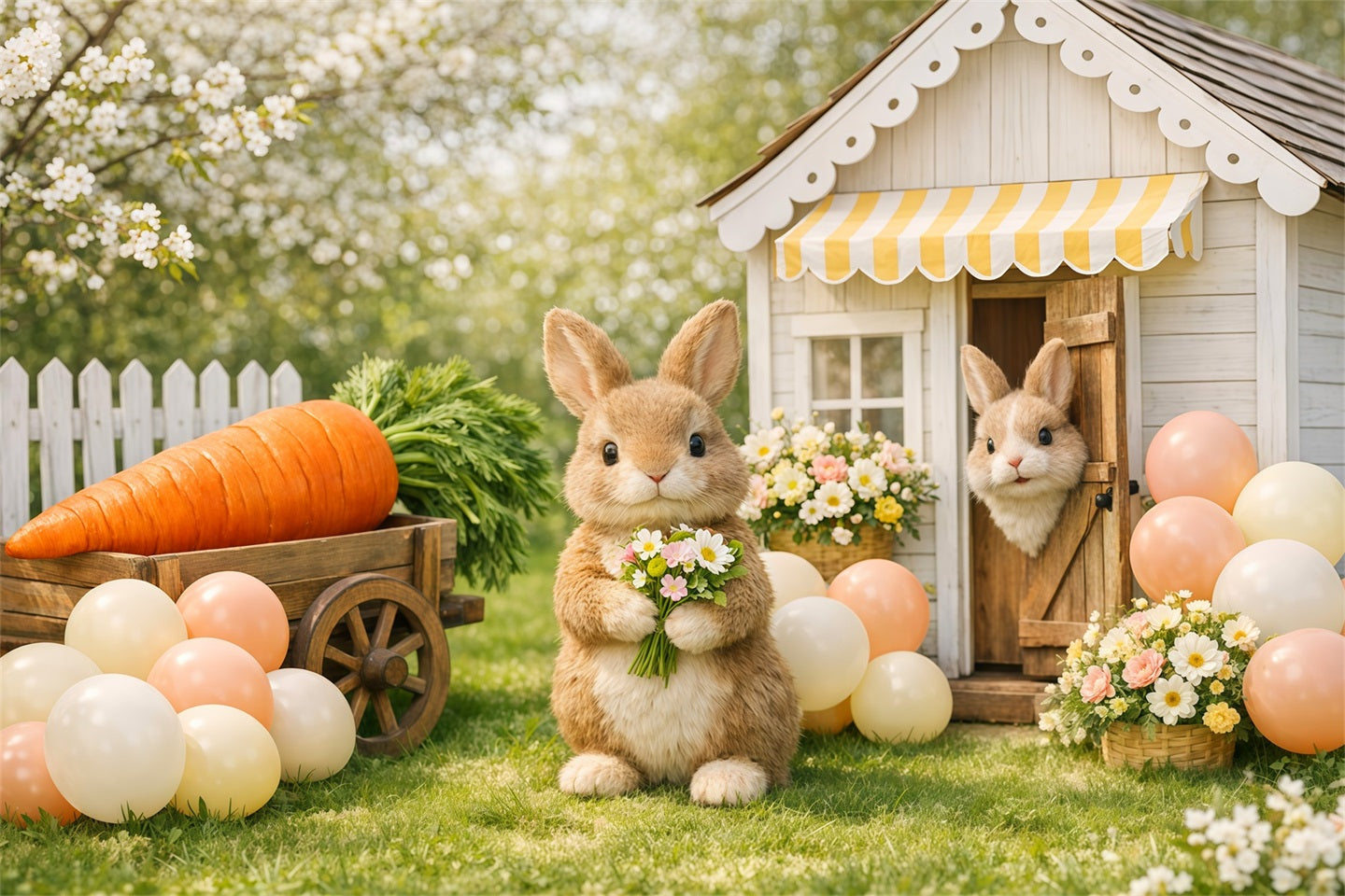 Easter Backdrop With Balloons Spring Bunny Carrot Cart Yard Easter Themed Backdrop LXX62-69