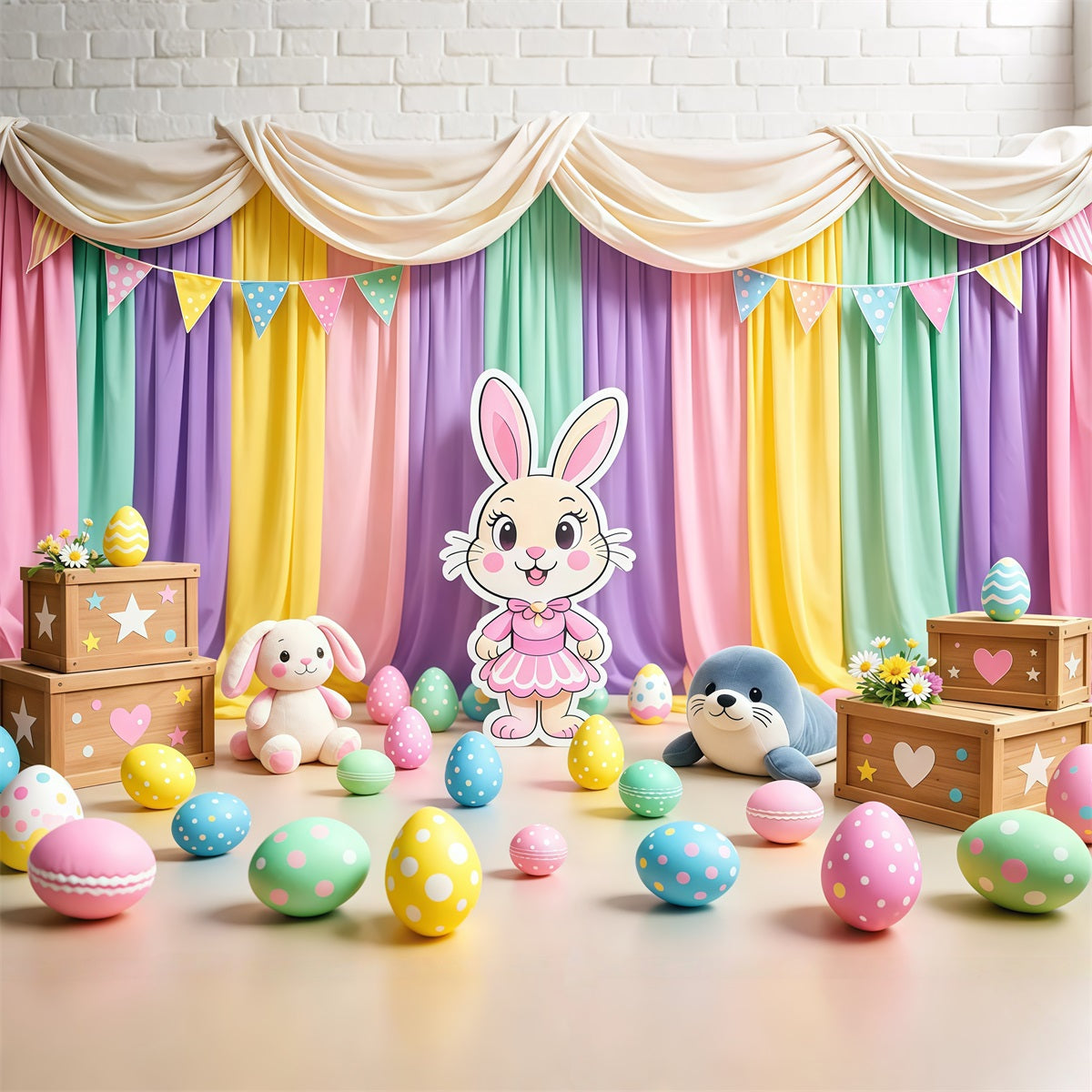 Peter Rabbit Photography Backdrop Pastel Curtain Cartoon Bunny Stage Happy Easter Photo Backdrop LXX62-72