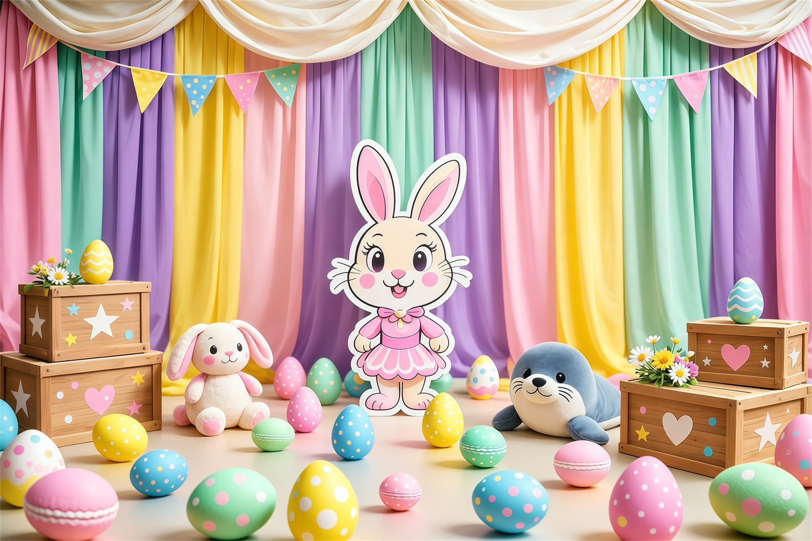Peter Rabbit Photography Backdrop Pastel Curtain Cartoon Bunny Stage Happy Easter Photo Backdrop LXX62-72