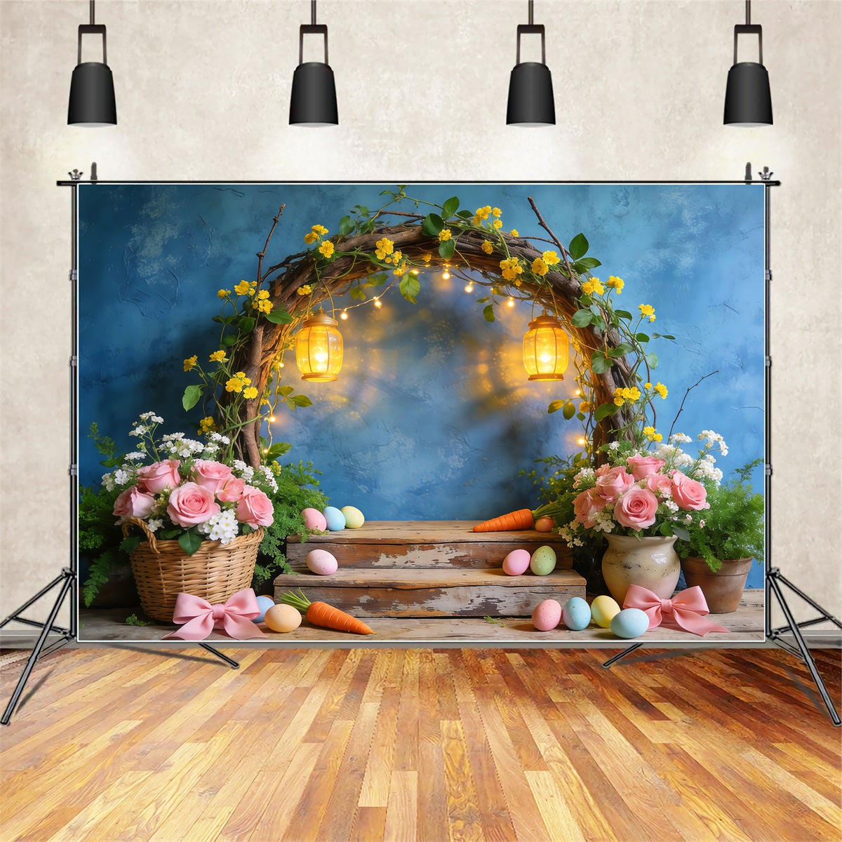 Easter Stage Backdrops Rustic Floral Lantern Arch Display Photography Backdrop Easter LXX62-73