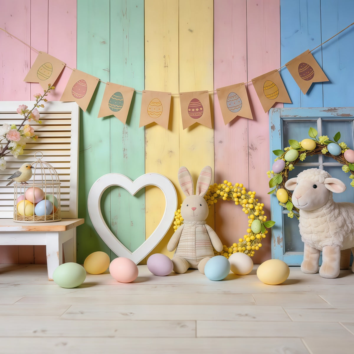 Easter Sunday Backdrop Ideas Pastel Wooden Heart Bunny Decor Photo Backdrops For Easter LXX62-74