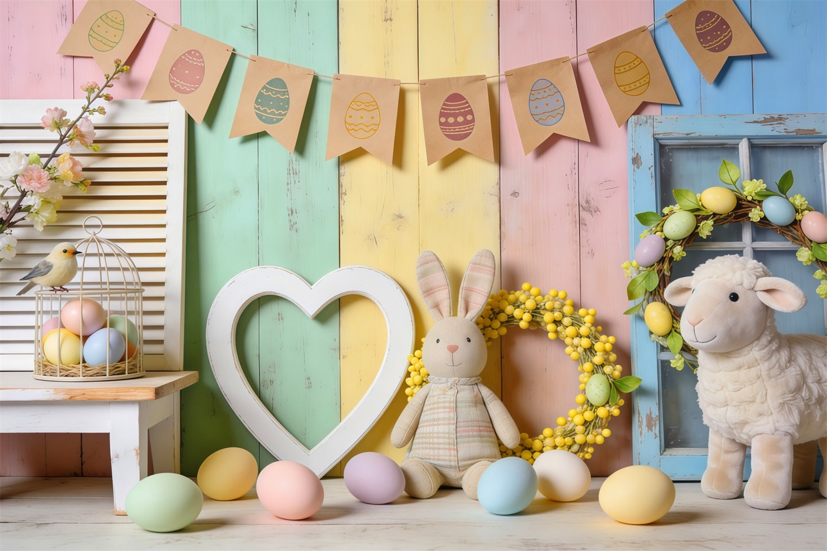Easter Sunday Backdrop Ideas Pastel Wooden Heart Bunny Decor Photo Backdrops For Easter LXX62-74