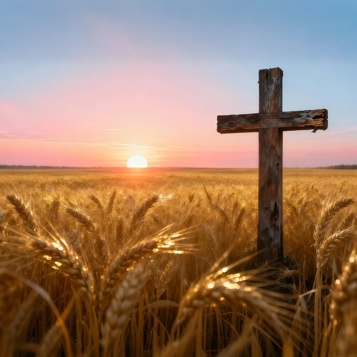 Christian Easter Photo Backdrop Golden Wheatfield Sunset Wooden Cross Simple Easter Backdrop LXX62-75