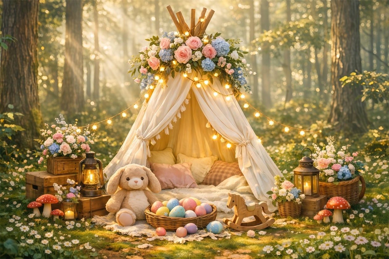 Baby Easter Backdrop Enchanted Forest Floral Teepee Easter Party Backdrop LXX62-77