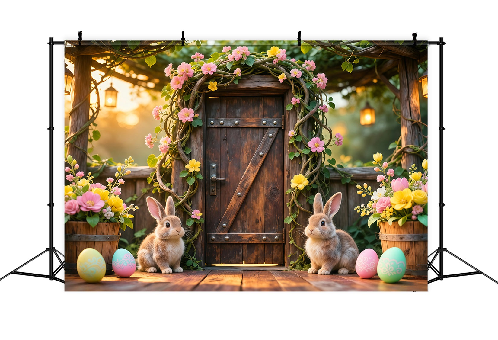 Bunny Backdrop Ideas Rustic Garden Wooden Door Flower 10x10 Easter Backdrops LXX62-78