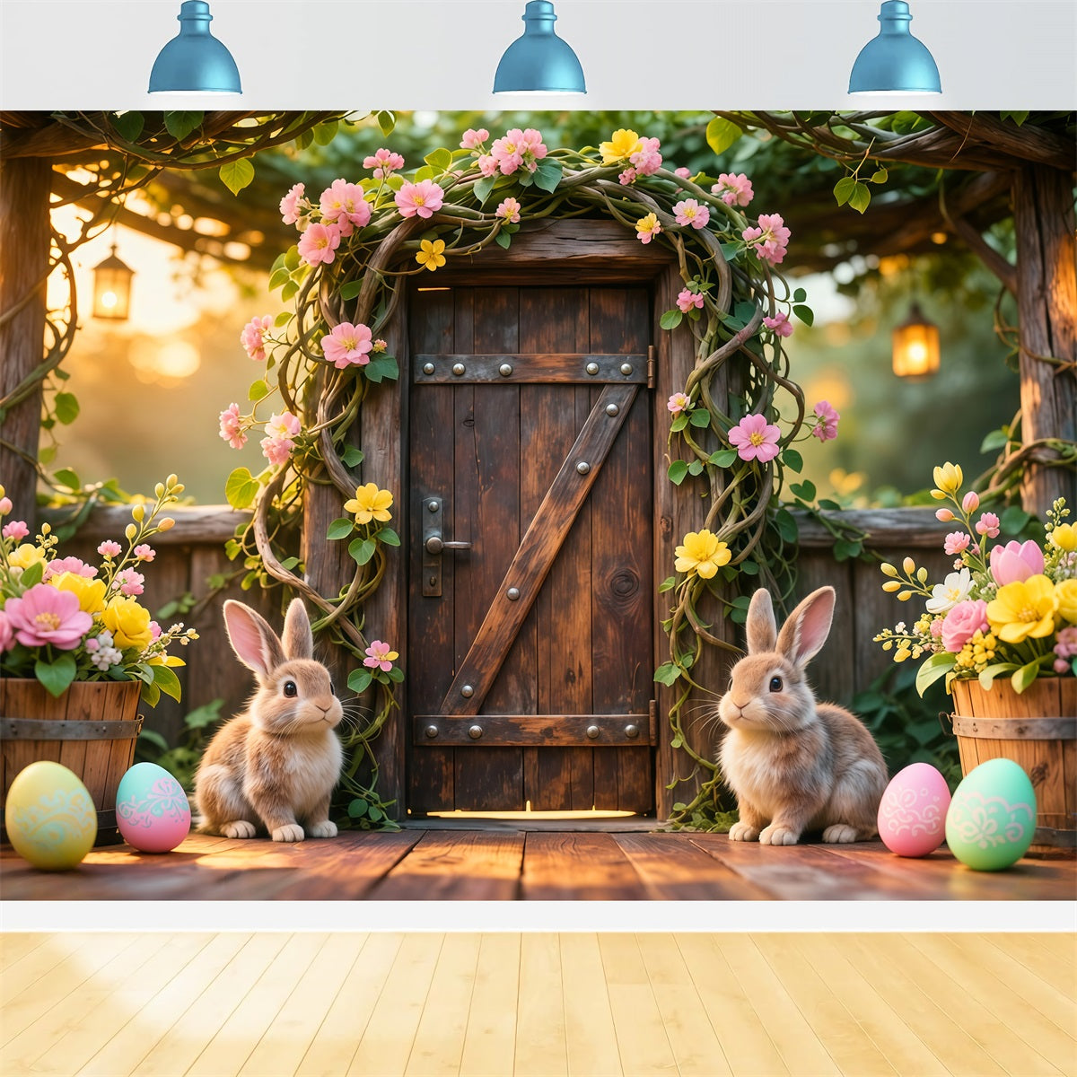 Bunny Backdrop Ideas Rustic Garden Wooden Door Flower 10x10 Easter Backdrops LXX62-78