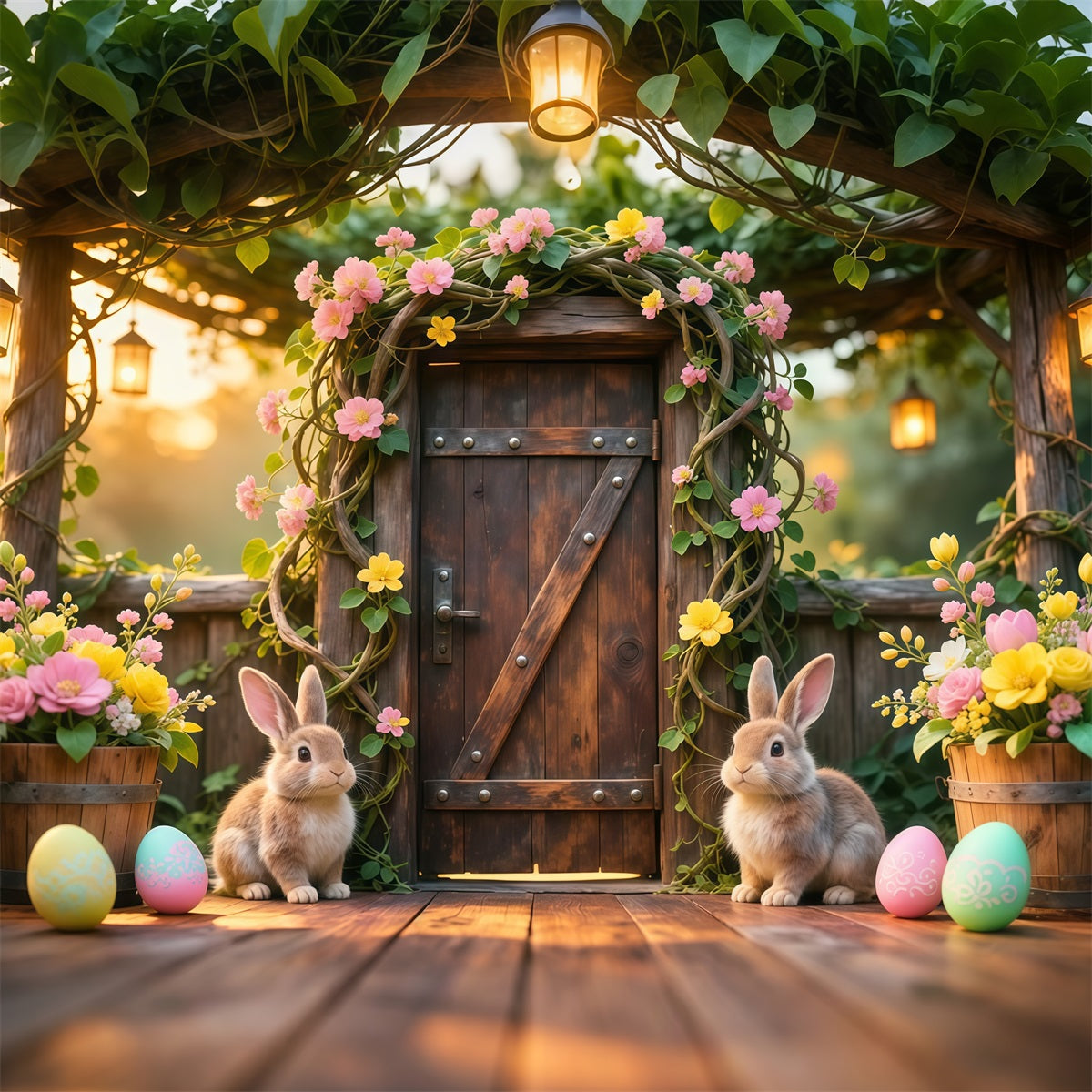Bunny Backdrop Ideas Rustic Garden Wooden Door Flower 10x10 Easter Backdrops LXX62-78