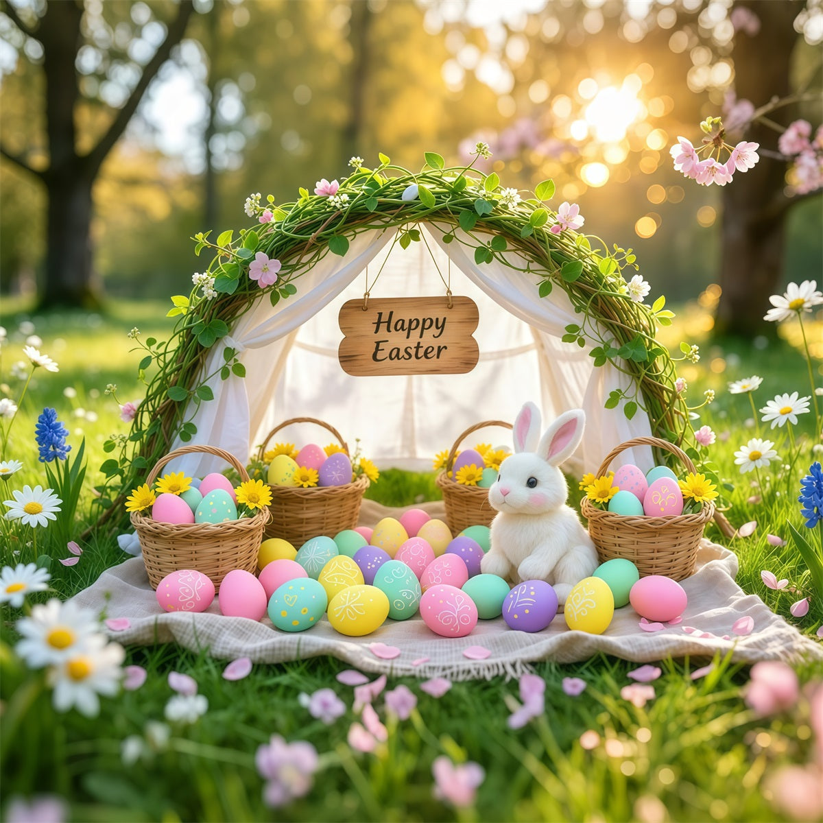 Easter Photo Backdrops Church Spring Meadow Egg Basket Arch 10x10 Easter Backdrop LXX62-79