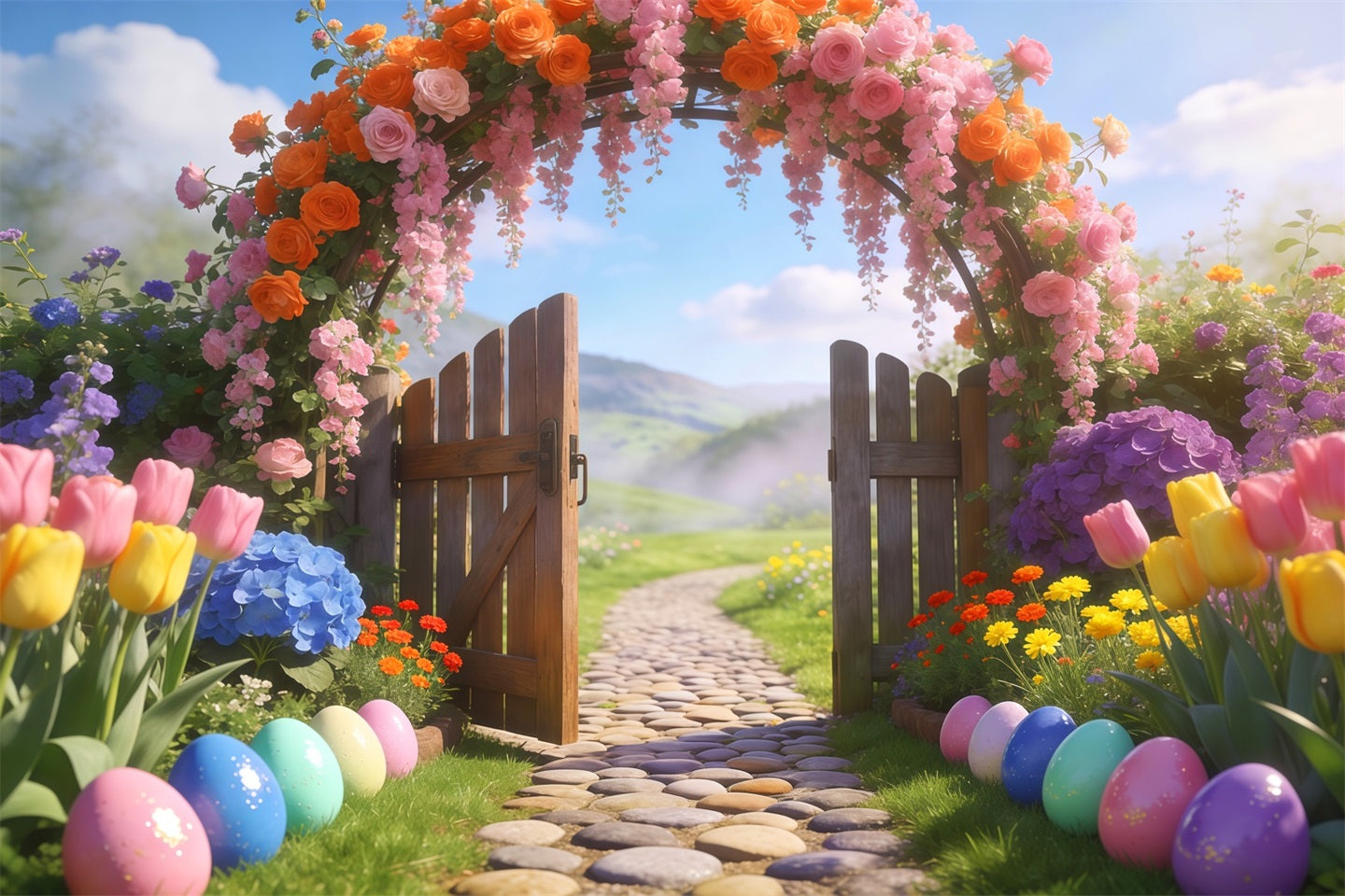 Easter Spring Backdrop Floral Wisteria Cottage Gate Easter Backdrop 10x10 LXX62-82