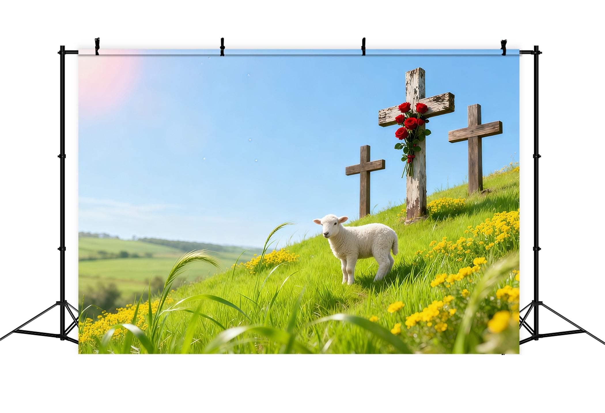 Church Backdrop For Easter Spring Meadow Lamb Three Crosses Easter Themed Backdrops LXX62-84