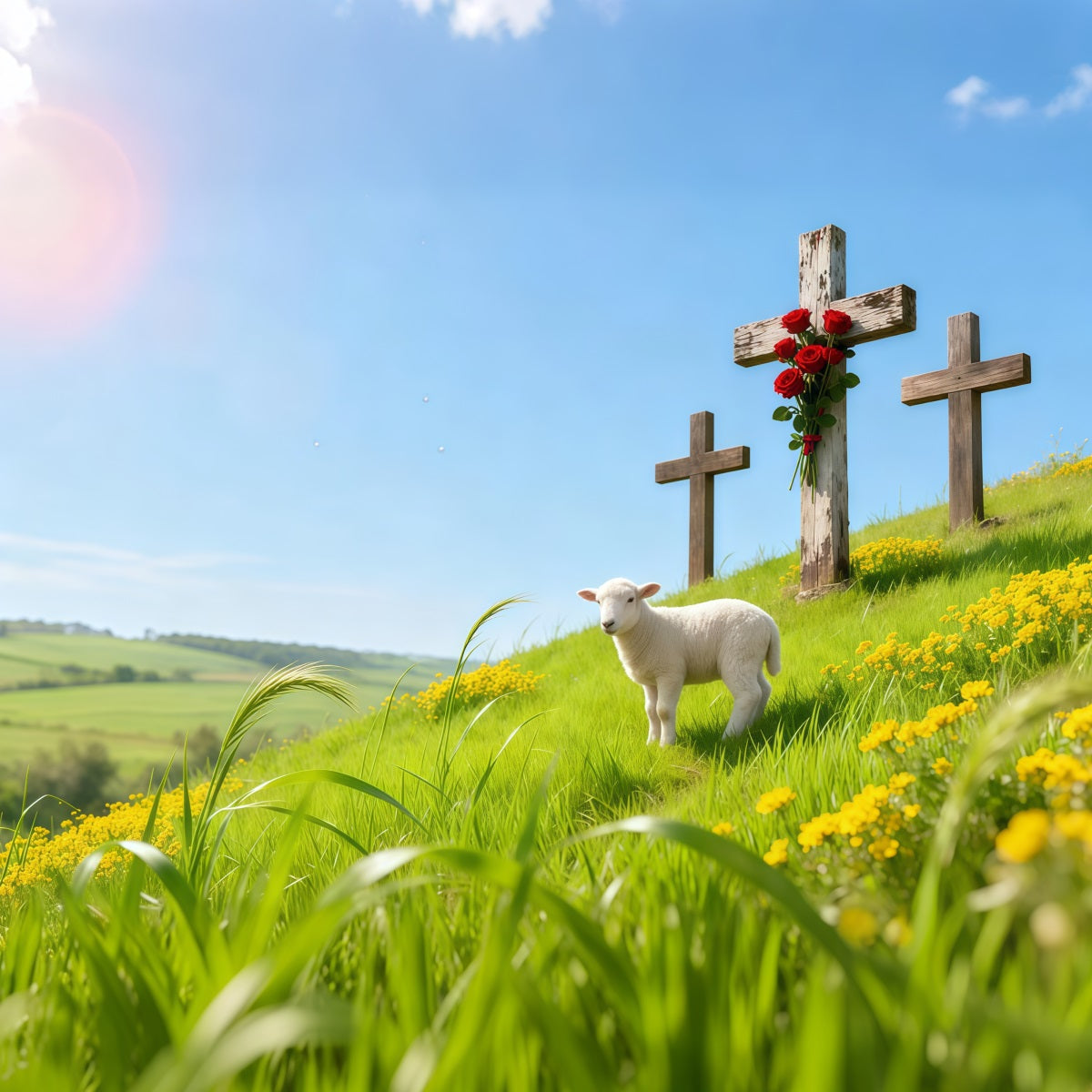 Church Backdrop For Easter Spring Meadow Lamb Three Crosses Easter Themed Backdrops LXX62-84