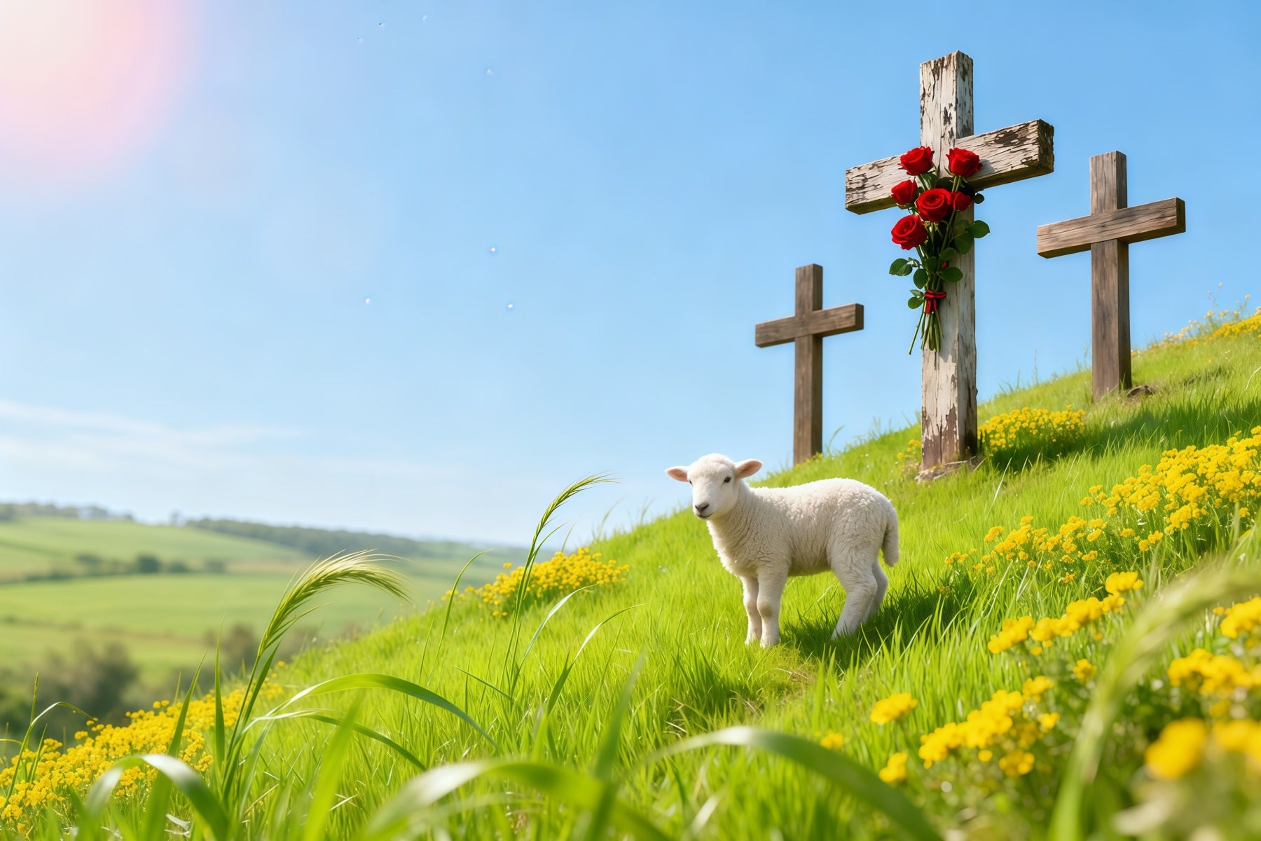 Church Backdrop For Easter Spring Meadow Lamb Three Crosses Easter Themed Backdrops LXX62-84