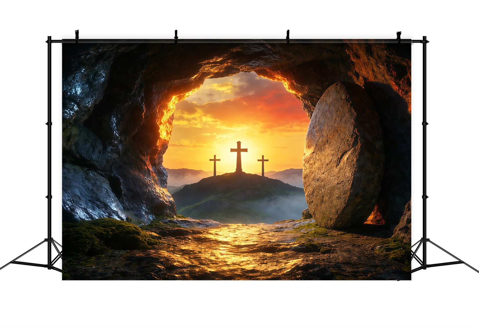 Easter Tomb Backdrops Sunrise Empty Cave Three Crosses Easter Backdrops Ideas LXX62-85