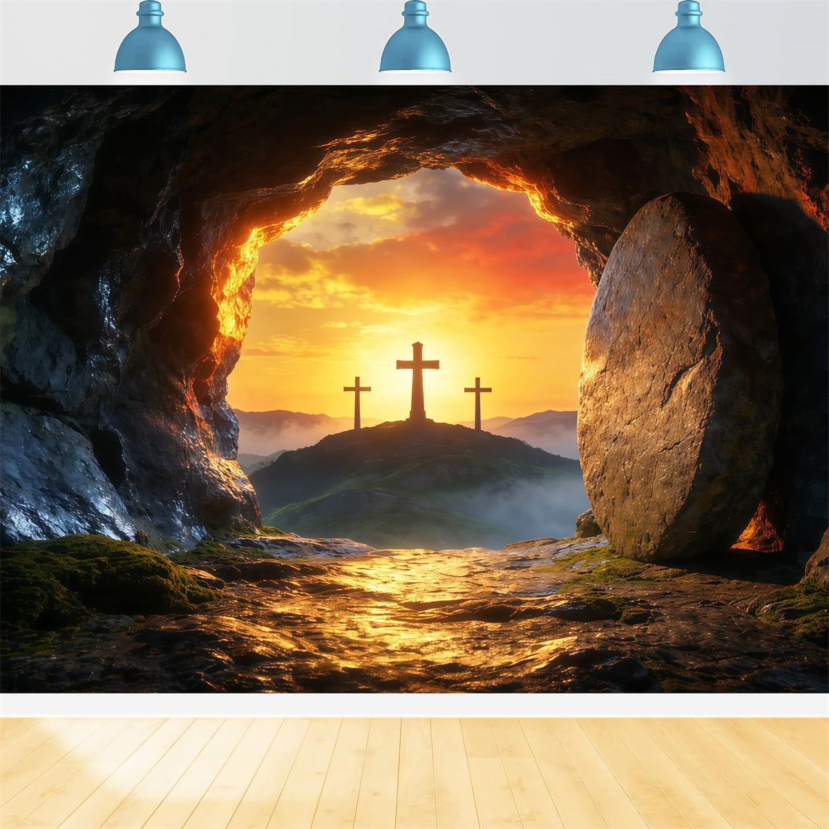 Easter Tomb Backdrops Sunrise Empty Cave Three Crosses Easter Backdrops Ideas LXX62-85