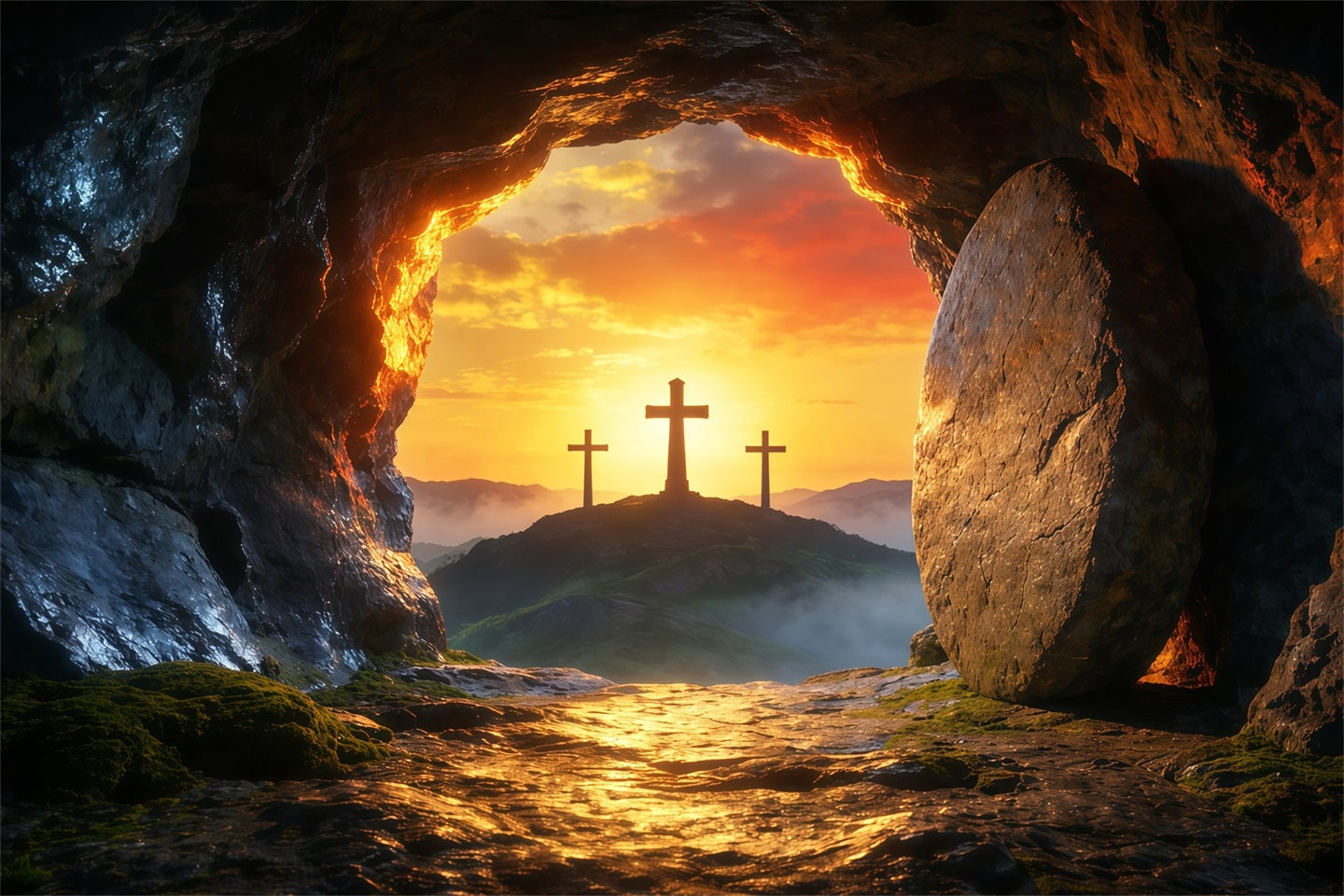 Easter Tomb Backdrops Sunrise Empty Cave Three Crosses Easter Backdrops Ideas LXX62-85