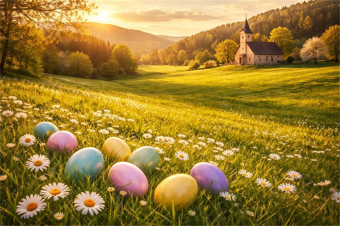 Egg Backdrop Golden Sunrise Daisy Meadow Church Outdoor Easter Backdrops LXX62-89