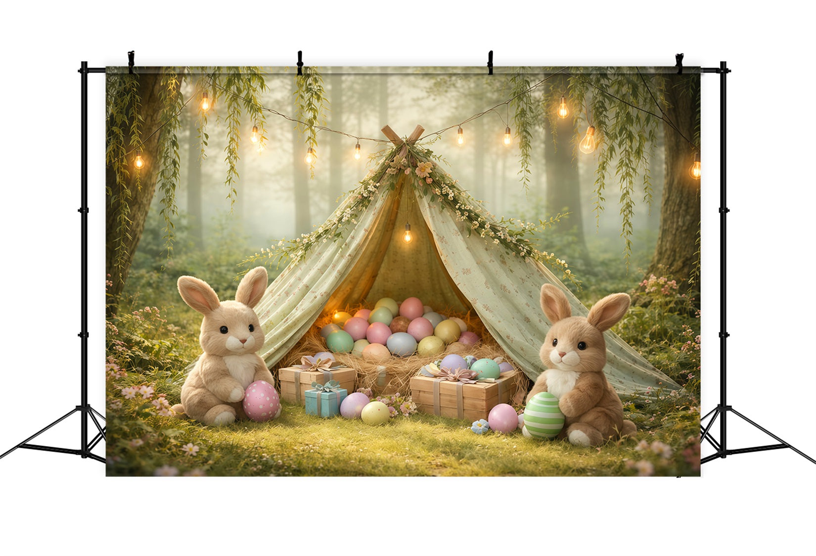 Bunny Backdrop Foggy Forest Willow Egg Teepee Easter Pictures Backdrop LXX62-90