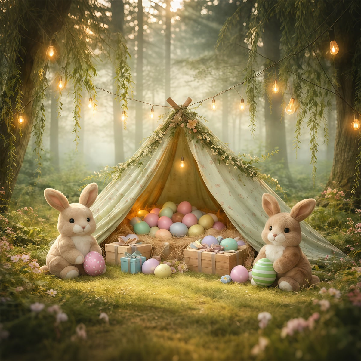 Bunny Backdrop Foggy Forest Willow Egg Teepee Easter Pictures Backdrop LXX62-90